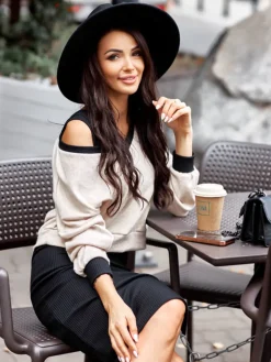 Beżowo-Czarny Komplet Sweterek + Sukienka 10586-328-A|Modna Kiecka Discount