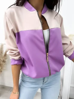 Beżowo-Fioletowa Bluza Bomberka 11889-529-C|Modna Kiecka Fashion