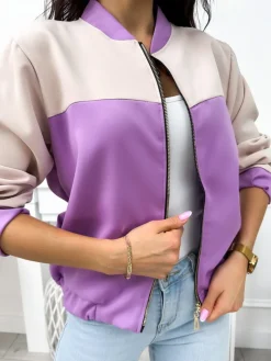 Beżowo-Fioletowa Bluza Bomberka 11889-529-C|Modna Kiecka Fashion