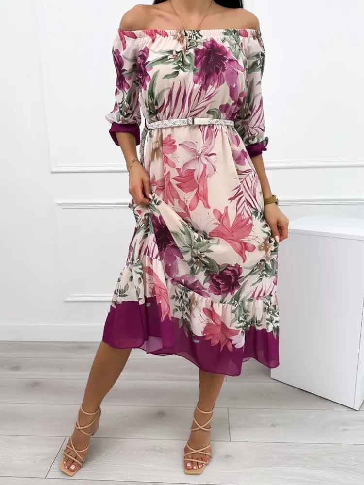 Beżowo-Fioletowa Sukienka Hiszpanka 12340-261-B|Modna Kiecka Clearance