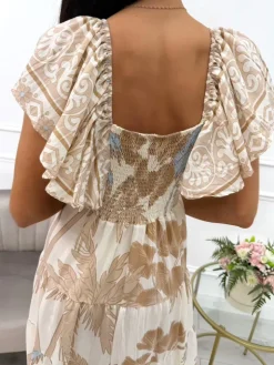 Beżowo-Kremowa Sukienka Maxi ze Wzorem 14011-136-A|Modna Kiecka Fashion