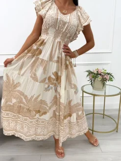 Beżowo-Kremowa Sukienka Maxi ze Wzorem 14011-136-A|Modna Kiecka Fashion