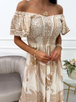 Beżowo-Kremowa Sukienka Maxi ze Wzorem 14011-136-A|Modna Kiecka Fashion