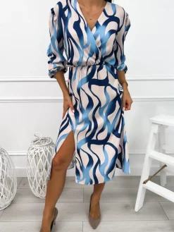 Beżowo-Niebieska Sukienka z Rozporkiem 12679-200-D|Modna Kiecka Outlet