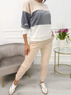 Beżowo-Szaro-Kremowy Welurowy Komplet 13642-354-A|Modna Kiecka Discount