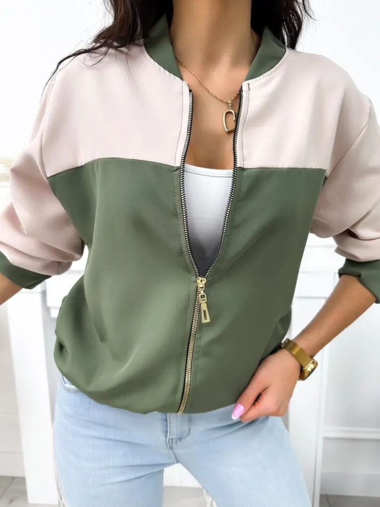 Beżowo-Zielona Bluza Bomberka 11889-529-E|Modna Kiecka Fashion
