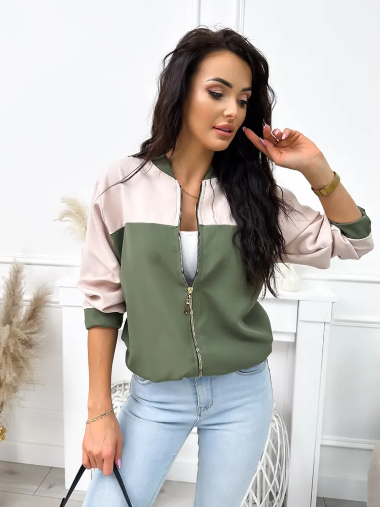 Beżowo-Zielona Bluza Bomberka 11889-529-E|Modna Kiecka Fashion