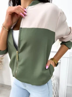 Beżowo-Zielona Bluza Bomberka 11889-529-E|Modna Kiecka Fashion