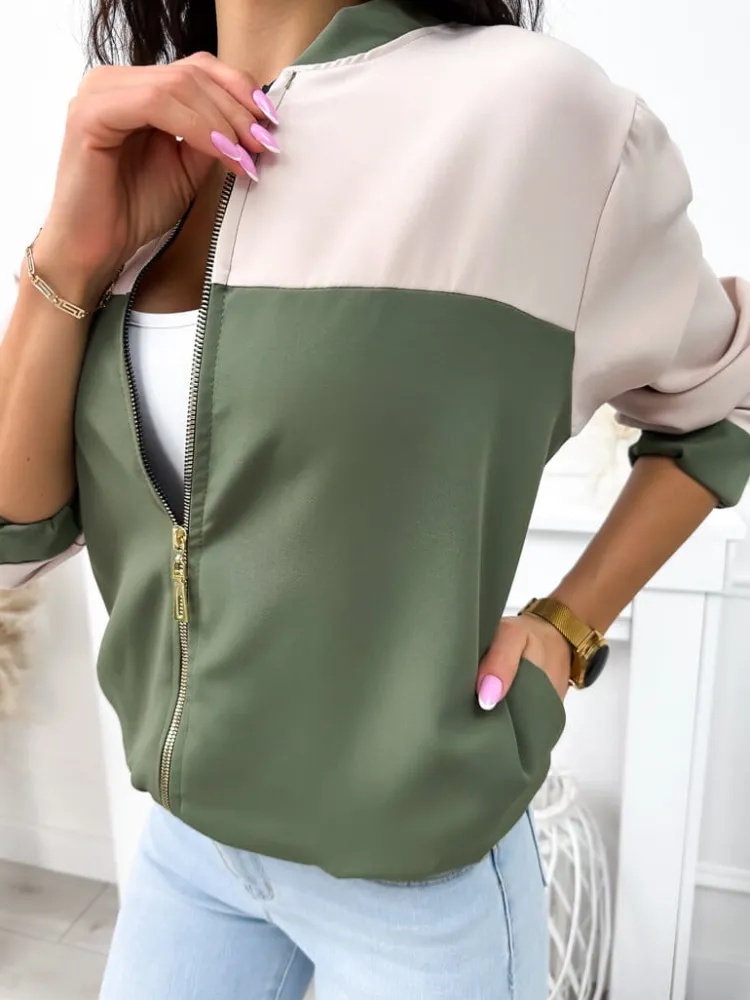 Beżowo-Zielona Bluza Bomberka 11889-529-E|Modna Kiecka Fashion