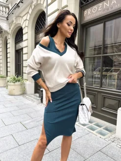 Beżowo-Zielony Komplet Sweterek + Sukienka 10586-328-D|Modna Kiecka Discount