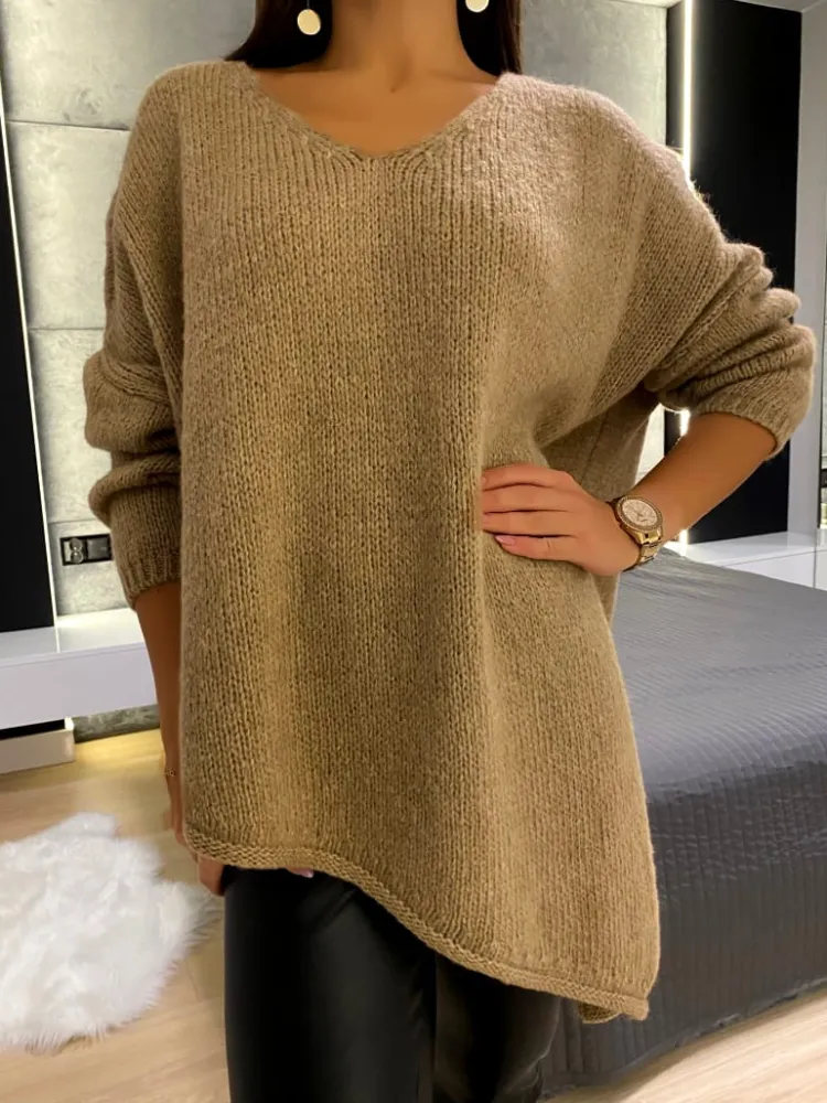 Beżowy Asymetryczny Sweterek 11752-349-A|Modna Kiecka Outlet