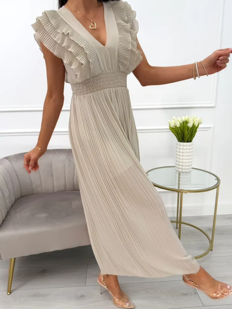 Beżowy Kombinezon z Falbankami 13870-422-D|Modna Kiecka Discount