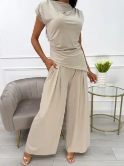 Beżowy Komplet Asymetryczna Bluzka + Szerokie Spodnie 13935-233-A|Modna Kiecka Fashion