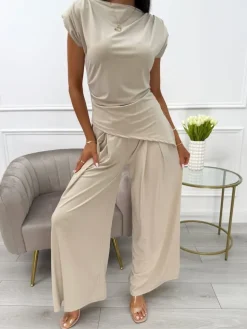 Beżowy Komplet Asymetryczna Bluzka + Szerokie Spodnie 13935-233-A|Modna Kiecka Fashion