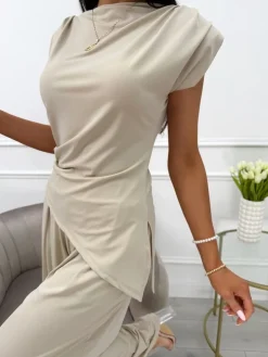 Beżowy Komplet Asymetryczna Bluzka + Szerokie Spodnie 13935-233-A|Modna Kiecka Fashion
