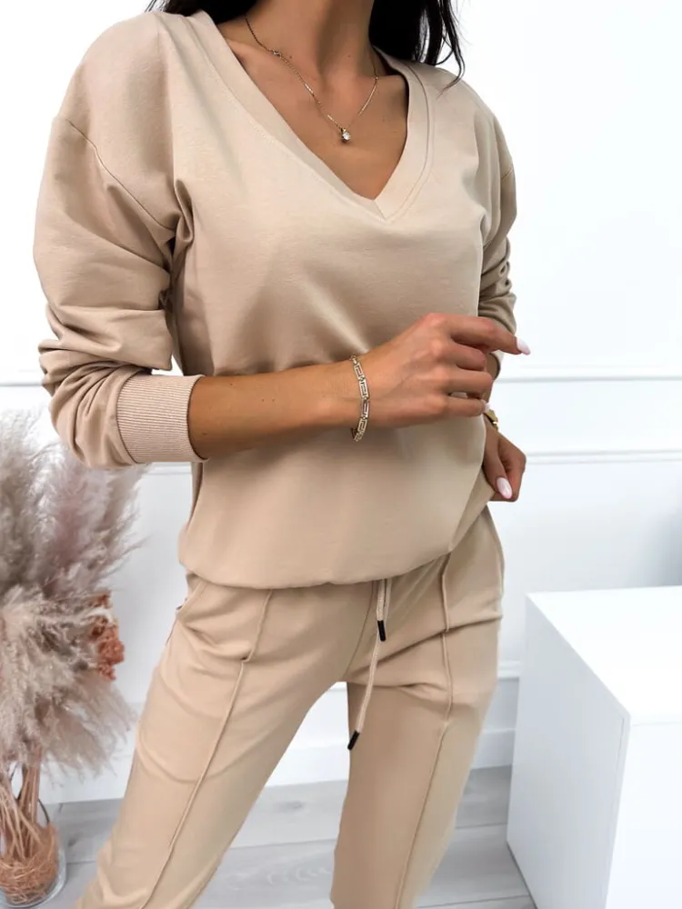 Beżowy Komplet Bluza + Spodnie 10557-115-A|Modna Kiecka Online