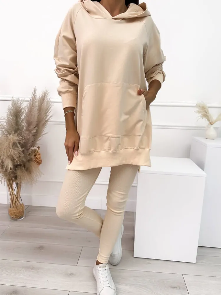 Beżowy Komplet Bluza Oversize + Legginsy 10450-203-A|Modna Kiecka Fashion