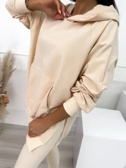 Beżowy Komplet Bluza Oversize  + Legginsy 10450-203-A|Modna Kiecka Fashion