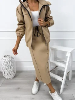 Beżowy Komplet Bluza z Kapturem + Spódnica 12880-74-A|Modna Kiecka Fashion