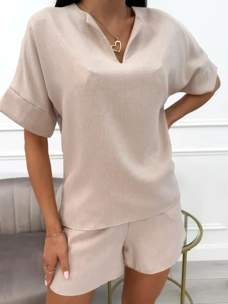 Beżowy Komplet Bluzka + Spodenki 13911-352-A|Modna Kiecka Discount