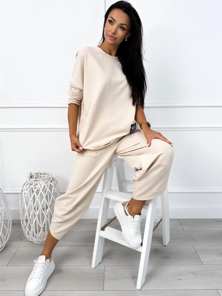 Beżowy Komplet Bluzka + Spodnie 12783-179-A|Modna Kiecka Outlet