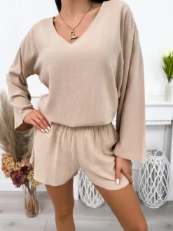 Beżowy Komplet Bluzka+Spodenki 12242-22-A|Modna Kiecka Fashion