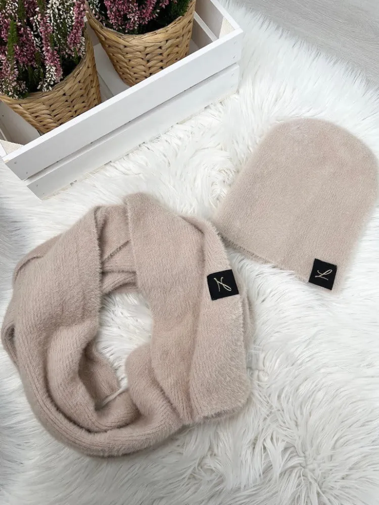 Beżowy Komplet Czapka+Szalik 9003-334-A|Modna Kiecka Outlet