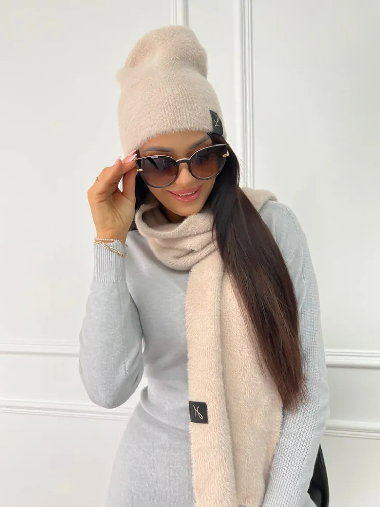 Beżowy Komplet Czapka+Szalik 9003-334-A|Modna Kiecka Outlet