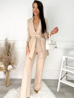 Beżowy Komplet Marynarka + Spodnie 9613-346-A|Modna Kiecka Outlet