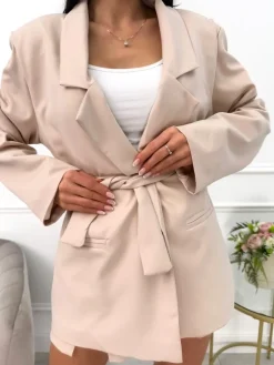Beżowy Komplet Marynarka Oversize + Spódnico-Spodenki 13568-191-A|Modna Kiecka Online