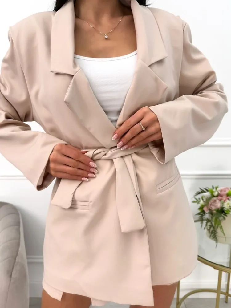 Beżowy Komplet Marynarka Oversize + Spódnico-Spodenki 13568-191-A|Modna Kiecka Online