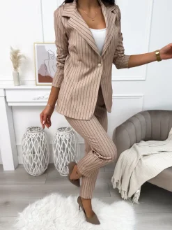 Beżowy Komplet Marynarka +Spodnie 11102-501-A|Modna Kiecka Fashion