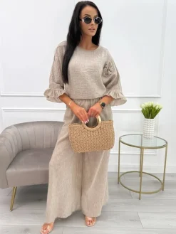 Beżowy Komplet Oversize Bluzka z Ozdobą + Spodnie 13904-423-A|Modna Kiecka Online