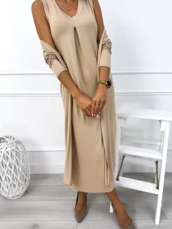 Beżowy Komplet Sukienka + Kardigan 12877-101-A|Modna Kiecka New