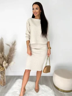 Beżowy Komplet Sukienka+Sweterek 9248-171-A|Modna Kiecka Sale