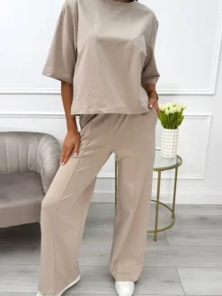 Beżowy Komplet T-shirt Oversize + Spodnie 13789-174-A|Modna Kiecka Fashion