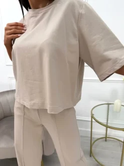 Beżowy Komplet T-shirt Oversize + Spodnie 13789-174-A|Modna Kiecka Fashion