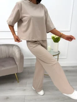 Beżowy Komplet T-shirt Oversize + Spodnie 13789-174-A|Modna Kiecka Fashion