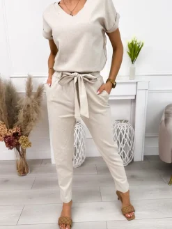 Beżowy Lniany Komplet 12275-172-A|Modna Kiecka Hot