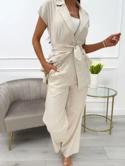 Beżowy Lniany Komplet z Paskiem 14008-58-A|Modna Kiecka Fashion