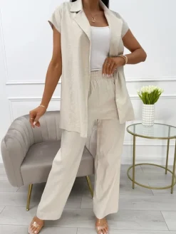 Beżowy Lniany Komplet z Paskiem 14008-58-A|Modna Kiecka Fashion