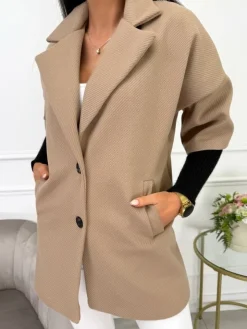 Beżowy Płaszcz ze Ściągaczem 12940-232-D|Modna Kiecka New