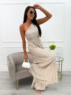 Beżowy Plisowany Kombinezon na Jedno Ramię 13955-290-A|Modna Kiecka Hot