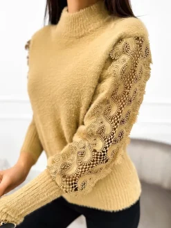 Beżowy Pluszowy Sweter z Półgolfem 11059-510-A|Modna Kiecka Clearance
