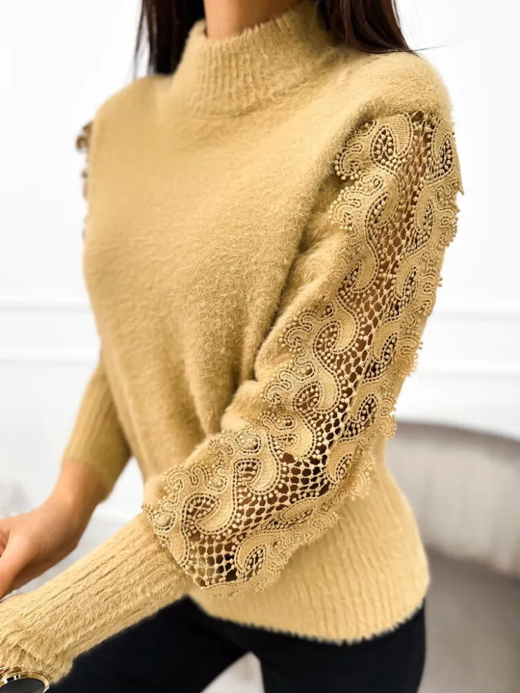 Beżowy Pluszowy Sweter z Półgolfem 11059-510-A|Modna Kiecka Clearance