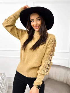 Beżowy Pluszowy Sweter z Półgolfem 11059-510-A|Modna Kiecka Clearance