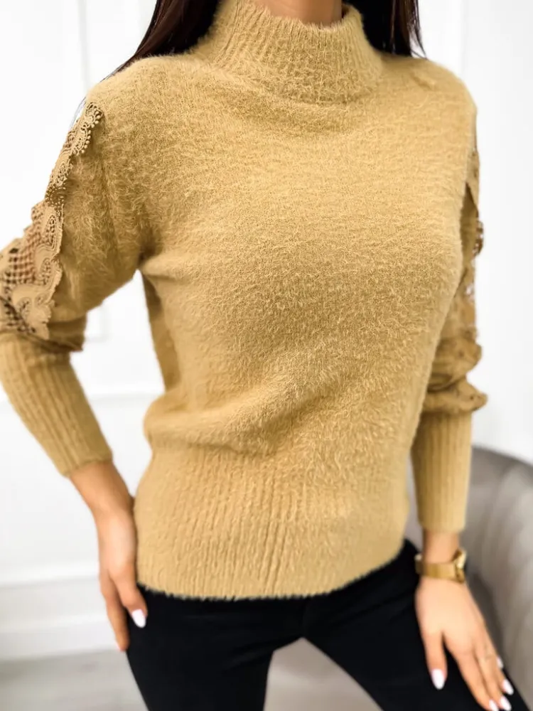 Beżowy Pluszowy Sweter z Półgolfem 11059-510-A|Modna Kiecka Clearance