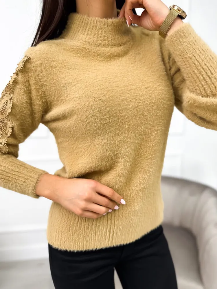 Beżowy Pluszowy Sweter z Półgolfem 11059-510-A|Modna Kiecka Clearance