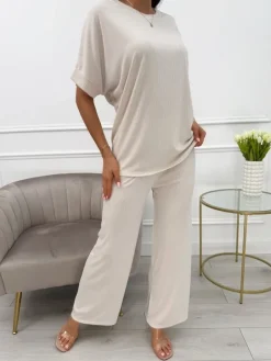 Beżowy Prążkowany Komplet 13864-513-A|Modna Kiecka Fashion
