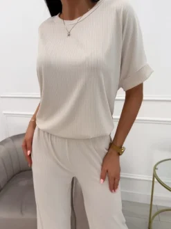 Beżowy Prążkowany Komplet 13864-513-A|Modna Kiecka Fashion